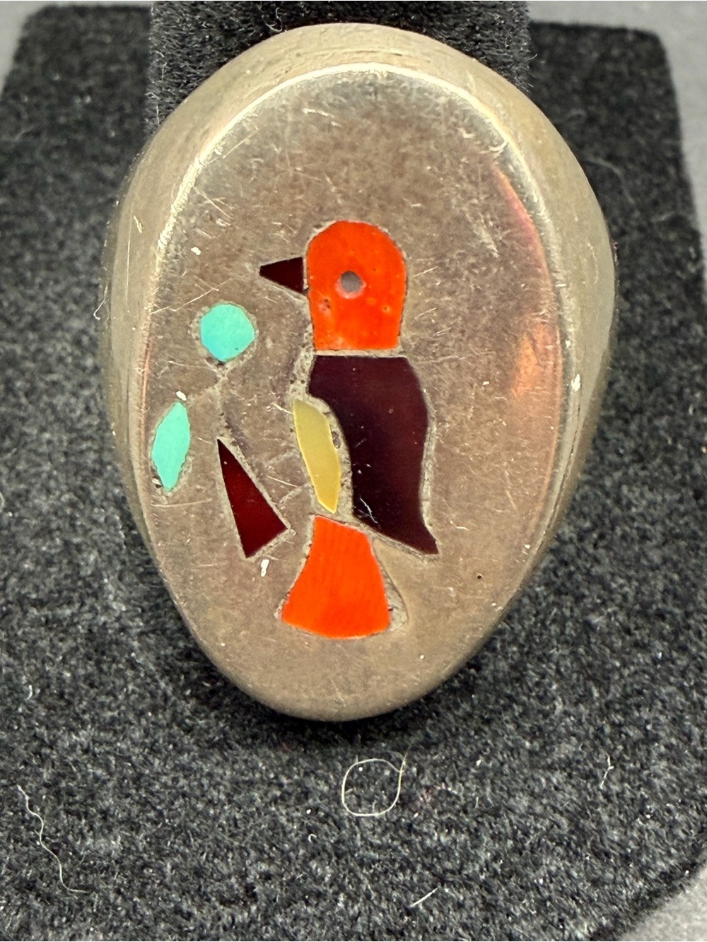 Vintage Zuni Bird Inlay Ring Turquoise Coral Sterling Silver 19.55g Native